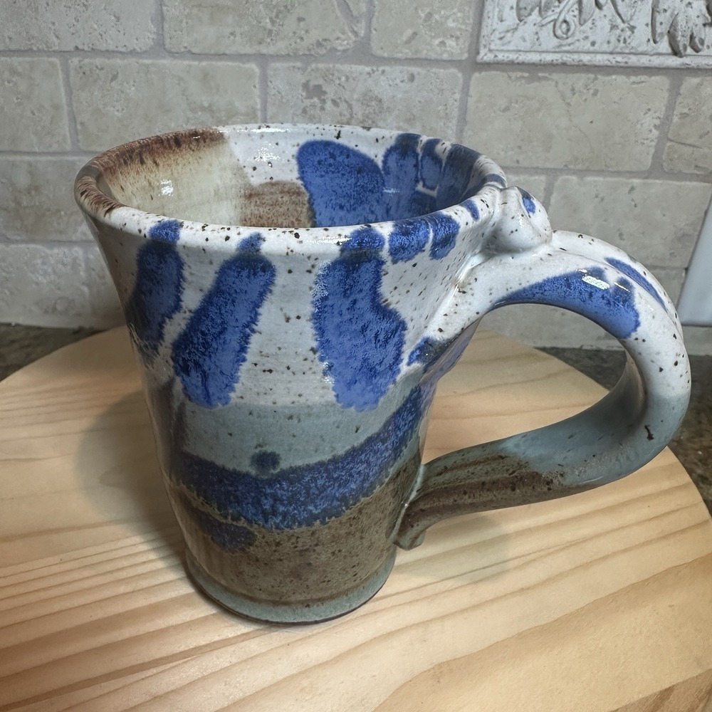 Studio Art Pottery Coffee Mug 5 Inch Clay Stoneware Hand Thrown Blue Tan‎ Splash
